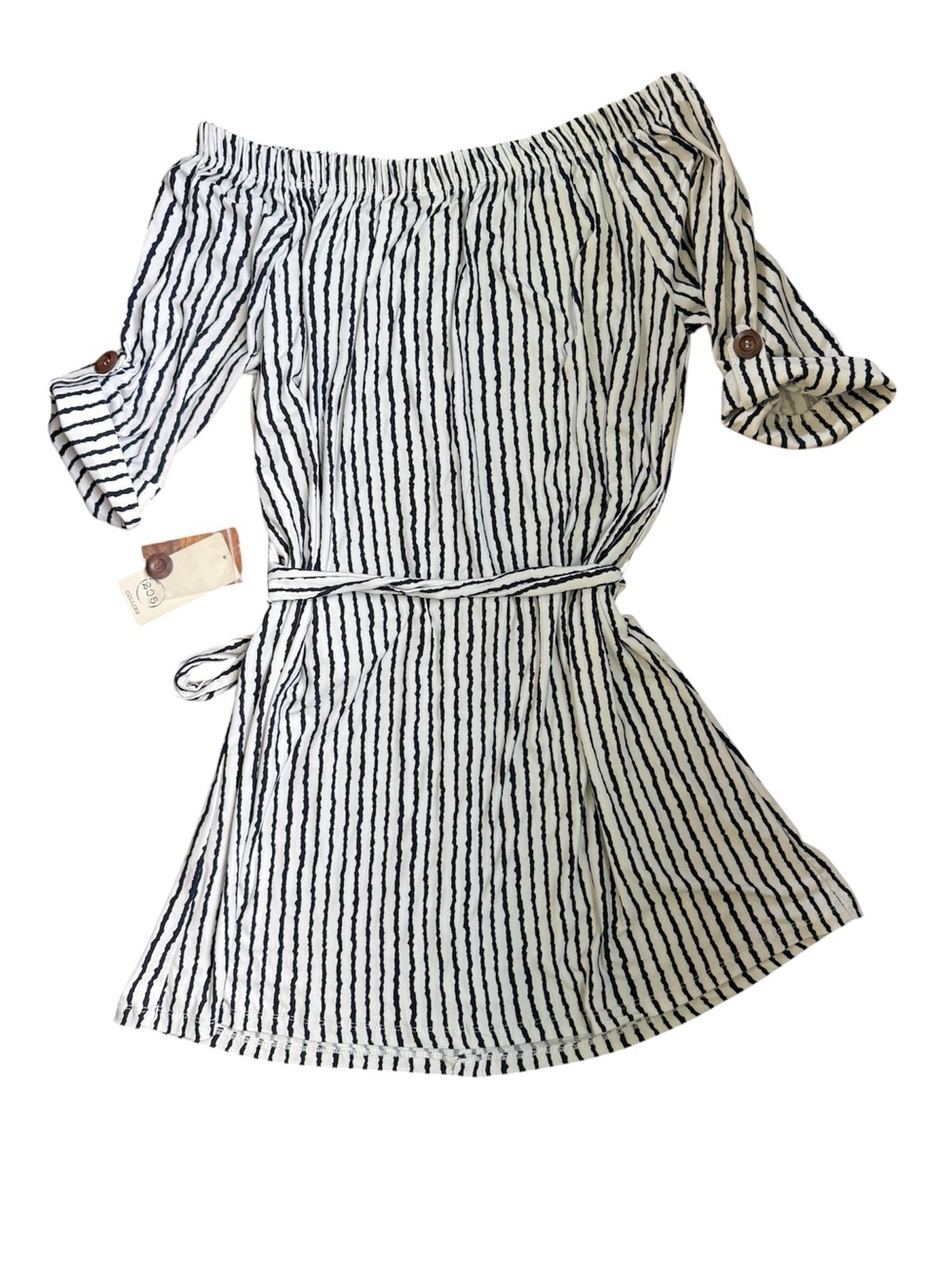 NWT 205 Collins women’s striped Off the Shoulder mini dress. Size medium - Picture 3 of 13